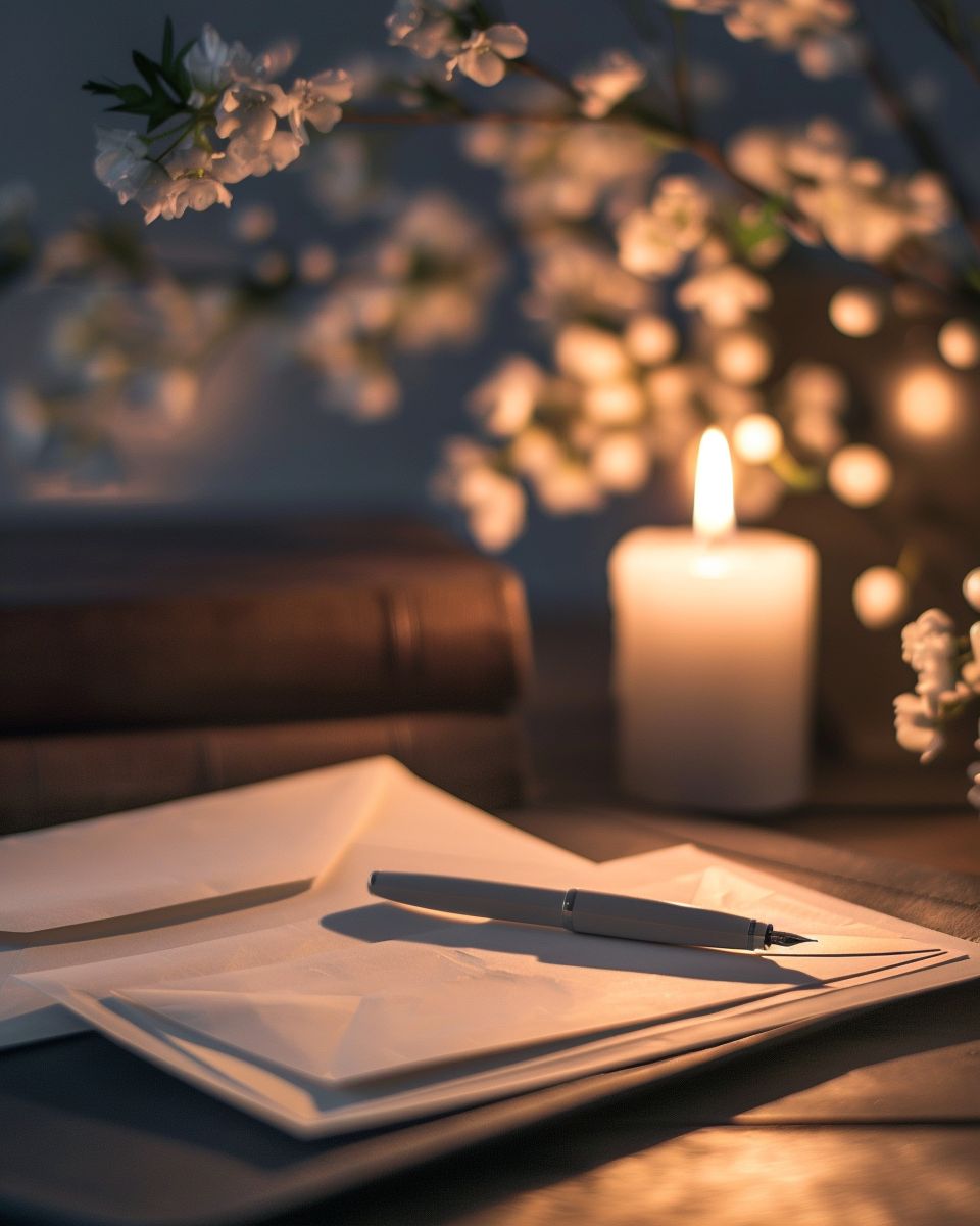 Warm candlelight illuminating sympathy stationery, pen, and soft white blossoms, reflecting the care offered by Berkeley, NJ funeral home and cremations.